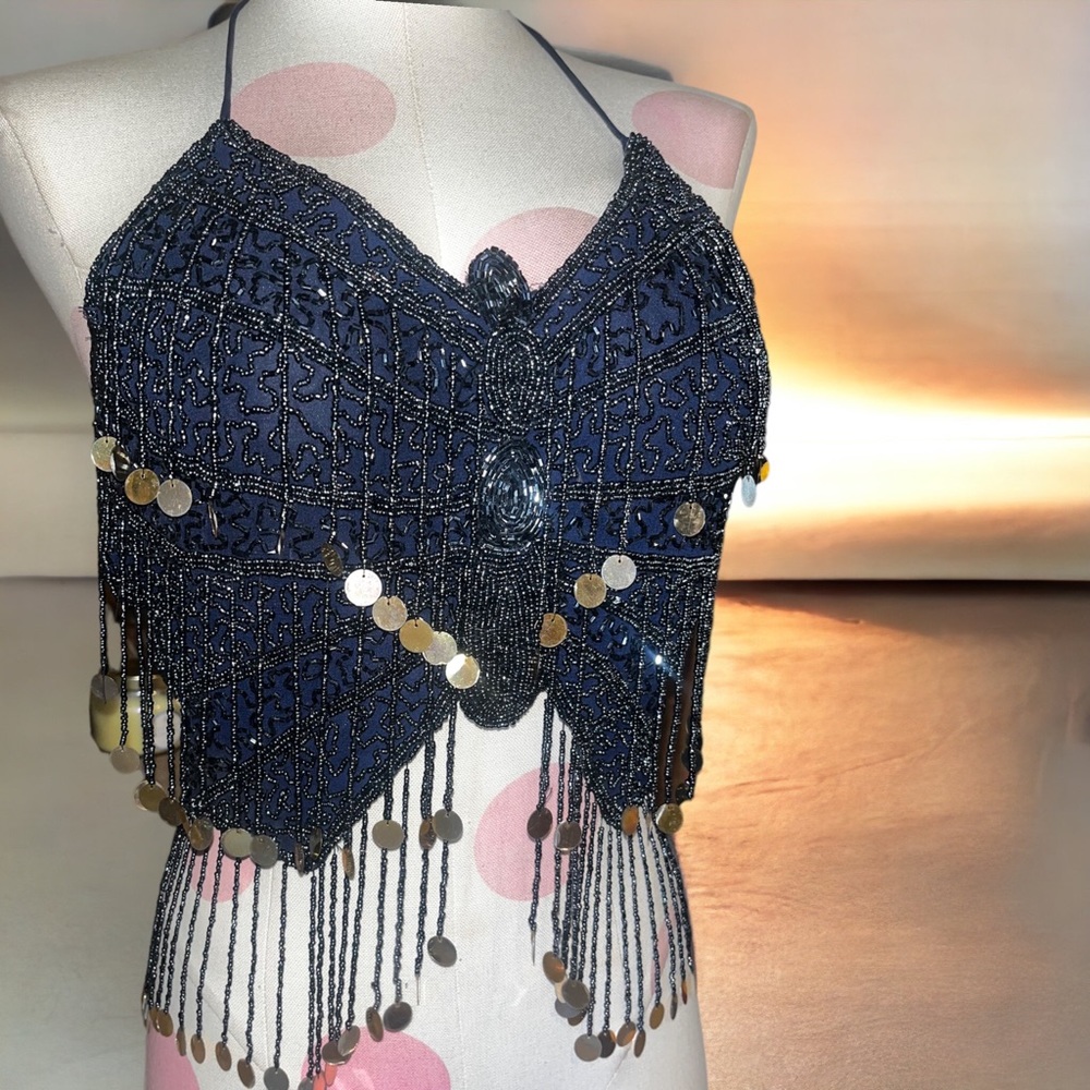 Vintage Hand Beaded Navy Blue Butterfly Open Back Halter Top One Size Fits Most